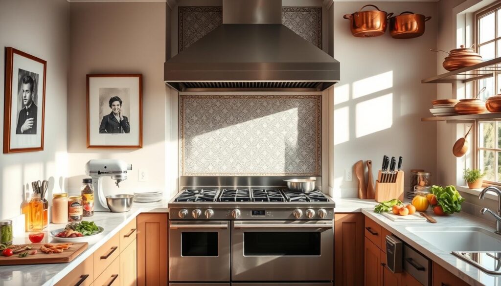 A bright, modern kitchen showcasing the culinary equipment and tools of renowned chef Karol Okrasa. Centered is a large, stainless steel oven and range, flanked by a professional-grade stainless steel mixer and a set of high-quality knives in a wooden block. On the countertops, a selection of spices, herbs, and fresh produce suggest an emphasis on fresh, seasonal ingredients. The backsplash features intricate tile work, and the walls are adorned with framed artwork and shelves displaying gleaming copper pots and pans. Warm, natural lighting filters in through large windows, creating a welcoming, inviting atmosphere for Okrasa's culinary creativity to shine. A bright, modern kitchen showcasing the culinary equipment and tools of renowned chef Karol Okrasa. Centered is a large, stainless steel oven and range, flanked by a professional-grade stainless steel mixer and a set of high-quality knives in a wooden block. On the countertops, a selection of spices, herbs, and fresh produce suggest an emphasis on fresh, seasonal ingredients. The backsplash features intricate tile work, and the walls are adorned with framed artwork and shelves displaying gleaming copper pots and pans. Warm, natural lighting filters in through large windows, creating a welcoming, inviting atmosphere for Okrasa's culinary creativity to shine.