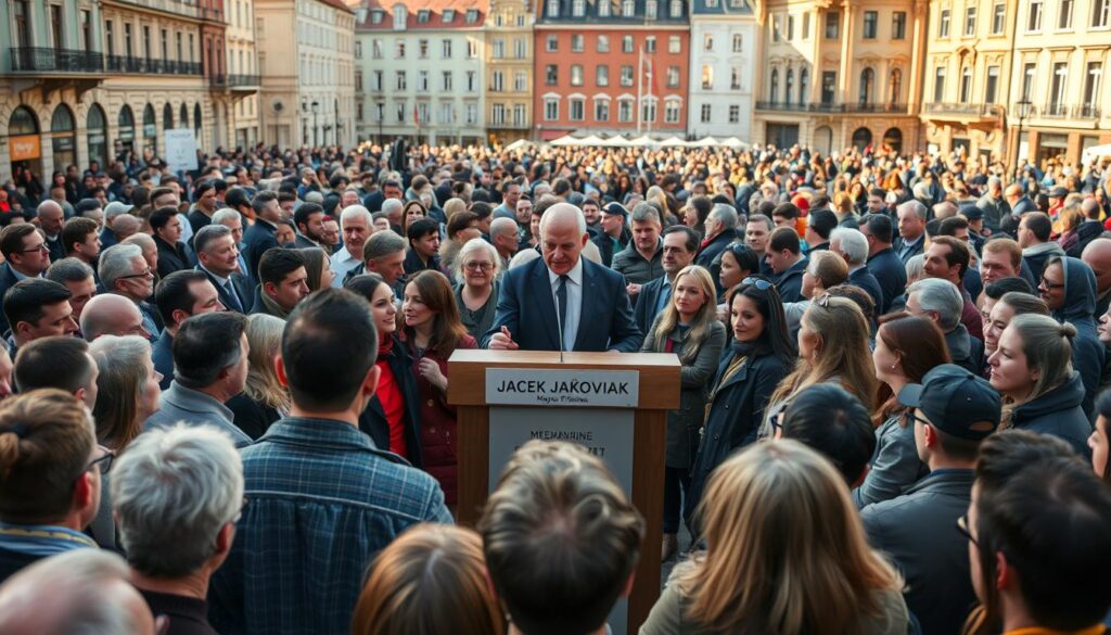 A bustling city square, with people of diverse backgrounds engaged in lively conversations. In the center, a podium stands, adorned with a nameplate that reads "Jacek Jaśkowiak, Mayor of Poznań." Surrounding the podium, a crowd of onlookers, their faces a mix of curiosity, approval, and occasional skepticism. The lighting is warm and natural, casting a gentle glow over the scene, capturing the nuanced expressions and body language of the people. The background is a blend of urban architecture, with a sense of civic pride and community engagement. The overall atmosphere conveys a sense of civic discourse and the diverse perspectives on the leadership of the city.
