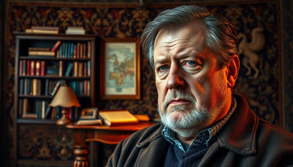 A captivating portrait of Jan Maria Rokita, a prominent Polish politician, showcasing his diverse passions. In the foreground, Rokita is depicted in a pensive pose, his weathered face reflecting deep contemplation. The middle ground features symbols of his public service - a bookshelf, a desk, and a map, hinting at his intellectual pursuits. The background is filled with a rich, textured tapestry, suggesting the complexity and multifaceted nature of his life. The lighting is warm and focused, casting a subtle glow on Rokita's features, evoking a sense of gravitas and introspection. The overall composition conveys the delicate balance between Rokita's public duties and his personal interests, creating a visually striking and thought-provoking image.