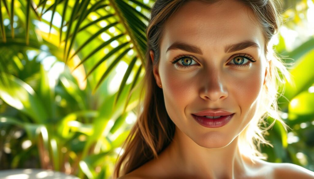 A close-up portrait of Kinga Rusin, a Polish television personality and Instagram influencer, set against a lush tropical backdrop. Kinga's face is captured in warm, soft lighting, emphasizing her elegant features and natural beauty. The middle ground showcases her carefully curated and stylish Instagram feed, with a blend of nature-inspired imagery and glimpses of her glamorous lifestyle. The background immerses the viewer in a verdant, sun-dappled garden, evoking the serene and exotic setting of Kinga's private residence. The overall composition conveys a sense of Kinga's aspirational, yet approachable persona as she presents herself to her hundreds of thousands of Instagram followers.
