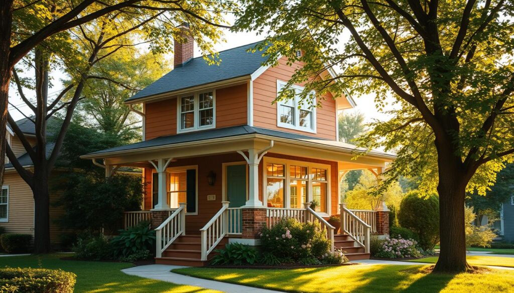 A cozy and charming two-story house nestled in a lush, tree-lined suburban neighborhood. The exterior features a warm, earthy color palette with a gabled roof, white trim, and a welcoming front porch. Lush greenery and a well-tended garden surround the house, adding to the inviting atmosphere. Through the windows, we catch glimpses of a bright, airy interior filled with natural light. The scene is bathed in soft, golden afternoon sunlight, creating a serene and tranquil mood. The overall impression is one of a comfortable, idyllic home that perfectly reflects the personality and lifestyle of its young, vibrant inhabitant, Lenka.