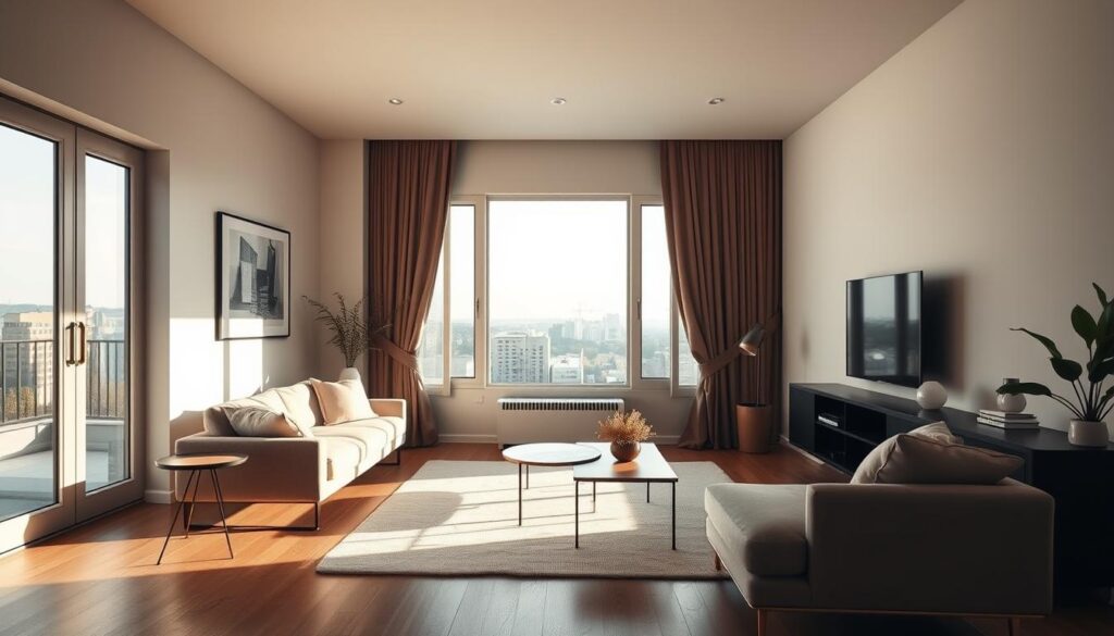 A cozy and elegant apartment interior with minimalist design, bathed in soft natural lighting. The camera is placed to capture the living room, showcasing a sleek and modern sofa, a minimalist coffee table, and a large window overlooking a tranquil urban landscape. The space exudes a sense of refined simplicity, reflecting Kasia Tusk's refined personal style. The overall atmosphere is one of understated sophistication and comfort, creating an inviting and welcoming ambiance.