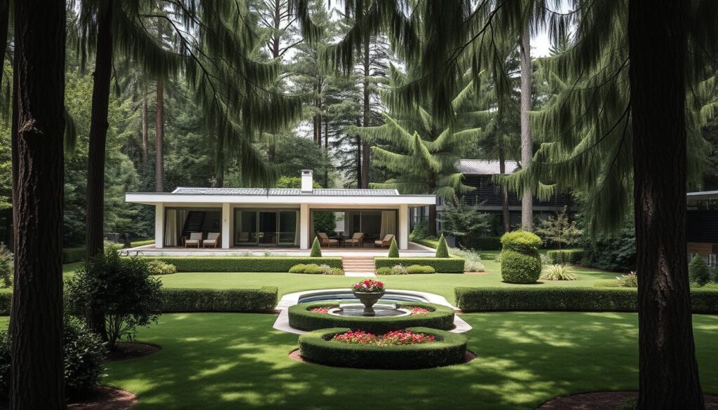 A cozy and well-appointed residence nestled in a lush, verdant setting. The foreground depicts a spacious, modern villa with clean, elegant lines and large windows that allow natural light to flood the interior. The middle ground showcases a beautifully landscaped garden, with meticulously tended flowerbeds, neatly trimmed hedges, and a tranquil water feature. The background is framed by tall, towering trees that sway gently in the breeze, creating a sense of privacy and seclusion. The overall atmosphere is one of serene comfort and quiet sophistication, reflecting the lifestyle of its esteemed occupant, the renowned Polish footballer Kuba Błaszczykowski.