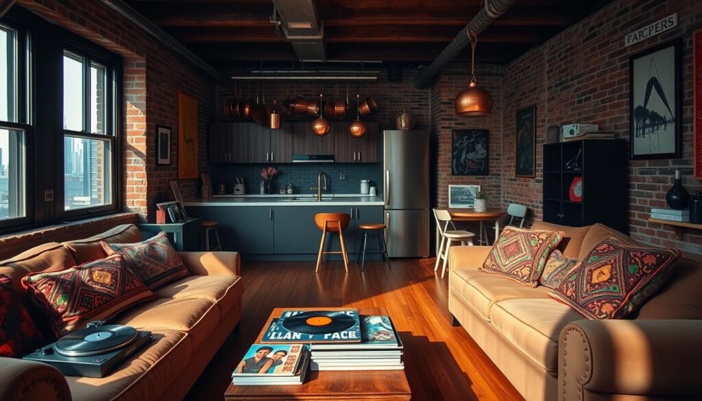 A cozy, dimly-lit loft apartment with exposed brick walls and warm hardwood floors. In the foreground, a plush, oversized sofa adorned with vibrant Mexican-inspired textiles and pillows. On the coffee table, an assortment of vinyl records and a vintage turntable. The middle ground features a kitchenette with gleaming copper pots and pans hanging from a rack, complemented by a small dining table with mismatched chairs. In the background, a large window floods the space with soft, diffused natural light, revealing a glimpse of the city skyline outside. The overall atmosphere is one of relaxed, creative energy - a reflection of the home of the enigmatic rapper, Taco Hemingway.
