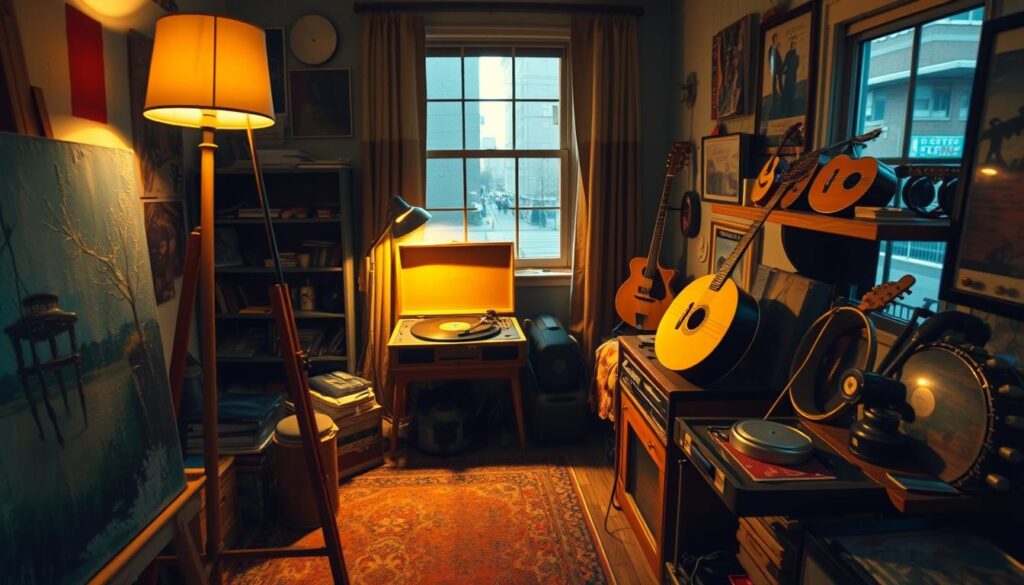 A cozy, dimly lit studio apartment, filled with the vibrant colors and textures of Don Vasyl's artistic life. In the foreground, an easel stands, a half-finished painting visible, brushes and palette scattered nearby. Soft, warm lighting emanates from a vintage floor lamp, casting a golden glow over the scene. In the middle ground, a vintage record player spins, the crackle of vinyl filling the air, while a collection of eclectic musical instruments - a guitar, a mandolin, a tambourine - are neatly arranged on a wooden shelf. The background reveals a large window, offering a glimpse of a bustling city street outside, hinting at the dynamic urban environment that inspires Don Vasyl's creative vision. A cozy, dimly lit studio apartment, filled with the vibrant colors and textures of Don Vasyl's artistic life. In the foreground, an easel stands, a half-finished painting visible, brushes and palette scattered nearby. Soft, warm lighting emanates from a vintage floor lamp, casting a golden glow over the scene. In the middle ground, a vintage record player spins, the crackle of vinyl filling the air, while a collection of eclectic musical instruments - a guitar, a mandolin, a tambourine - are neatly arranged on a wooden shelf. The background reveals a large window, offering a glimpse of a bustling city street outside, hinting at the dynamic urban environment that inspires Don Vasyl's creative vision.