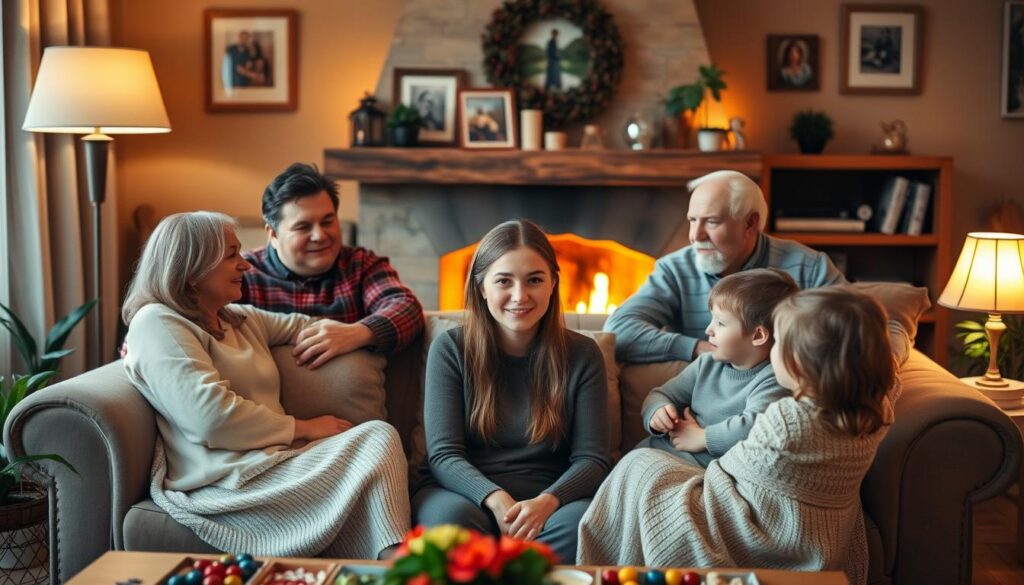 A cozy family gathering in a warm and inviting living room, bathed in soft, golden lighting from floor lamps and a crackling fireplace. Lenka, a young woman with a gentle, friendly expression, is seated on a plush sofa, surrounded by family members - her parents, grandparents, and younger siblings. They are engaged in casual conversation, their body language conveying a sense of comfort and togetherness. The room is decorated with personal touches, such as framed family photos, plants, and cozy textiles, creating an atmosphere of tranquility and domestic bliss. The overall scene captures the essence of Lenka's family life, reflecting the "Życie rodzinne Lenki" (Lenka's Family Life) section of the article.