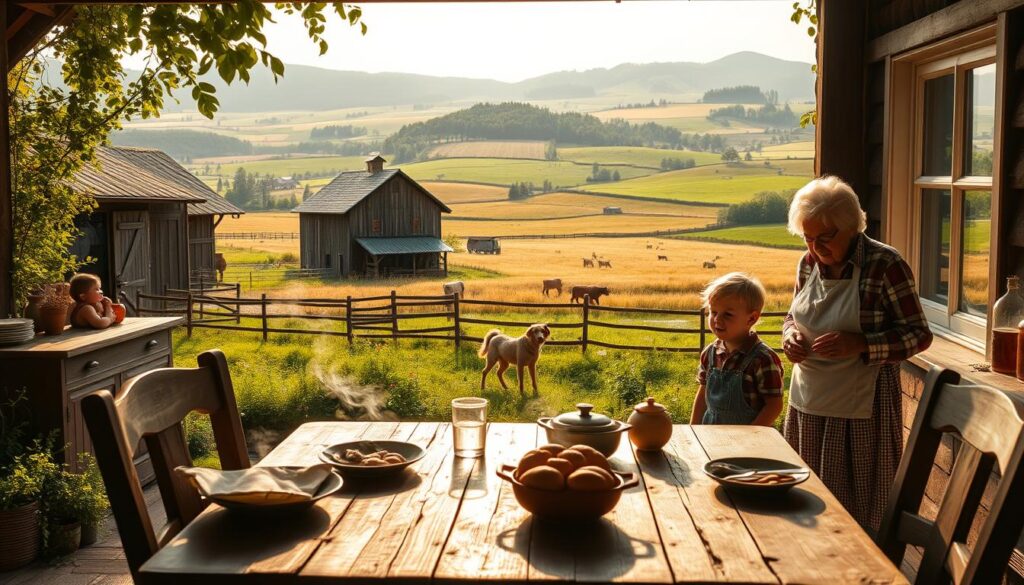A cozy farmhouse nestled in a lush, verdant landscape, the Bardowski family's daily life unfolds. In the foreground, a well-worn wooden table is set with a simple, hearty meal, steam rising from the dishes. Nearby, a grandmother tends to a batch of freshly baked bread, the aroma wafting through the sunlit kitchen. In the middle ground, a young child plays with a loyal farm dog, their laughter echoing across the weathered barn and fields. The background reveals rolling hills dotted with grazing livestock, a patchwork of golden wheat and verdant pastures. Soft, natural lighting filters through large windows, casting a warm, tranquil glow over the entire scene, capturing the essence of the Bardowski family's peaceful, rural existence.