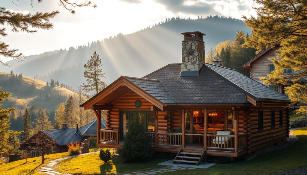 A cozy mountain cabin nestled in the picturesque Beskid Mountains, its wooden facade blending seamlessly with the lush, rolling hills that surround it. Rays of warm, golden sunlight filter through the trees, casting a soft glow over the scene. The cabin's large, inviting windows offer a glimpse of the well-appointed interior, complete with rustic, yet refined furnishings. A stone chimney rises from the rooftop, promising the comfort of a crackling fire within. The tranquil landscape is dotted with other charming dwellings, creating a charming, close-knit community. This is the peaceful home of renowned Polish ski jumper Piotr Żyła, a sanctuary where he can escape the demands of his high-profile career and enjoy the serenity of the Beskid Mountains.