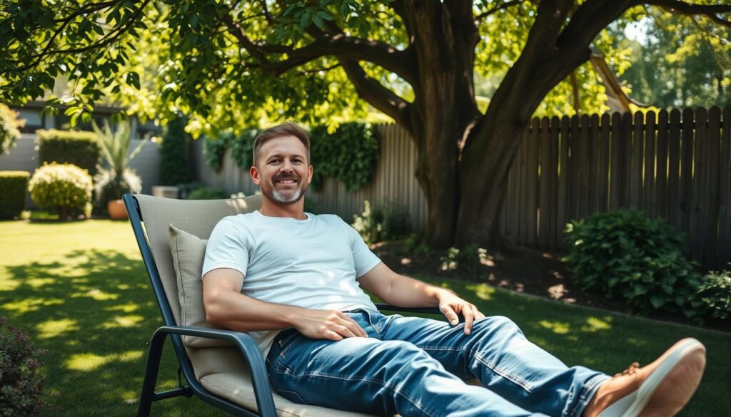 A cozy, sun-dappled garden scene with Kuba Błaszczykowski relaxing in a comfortable outdoor lounge chair, dressed casually in jeans and a t-shirt. The background features a well-manicured lawn, lush shrubbery, and a picturesque wooden fence. Dappled sunlight filters through the leaves of a large tree, casting a warm glow over the tranquil setting. Kuba appears content and at peace, his expression reflecting the calm and fulfillment of his life after a successful football career. The overall atmosphere conveys a sense of serenity, balance, and the joys of a life well-lived.