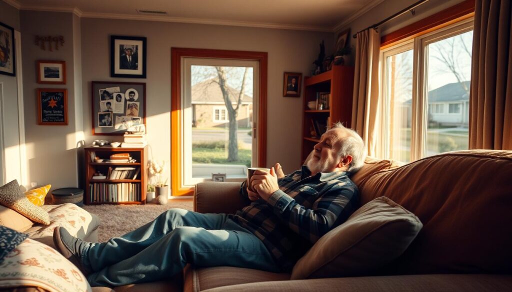 A cozy, sun-dappled living room, with Henio lounging comfortably on a worn, overstuffed couch, a mug of steaming coffee in hand. The space is filled with personal touches - framed photos, mismatched throw pillows, and a well-loved bookshelf in the corner. Henio is dressed casually, perhaps in a flannel shirt and jeans, his expression one of contentment as he gazes out a large window, taking in the view of a tranquil suburban street. The lighting is soft and warm, casting a golden glow on the scene. This intimate, slice-of-life portrait captures the everyday routine of Henio, now settled comfortably in his own home, away from the spotlight. A cozy, sun-dappled living room, with Henio lounging comfortably on a worn, overstuffed couch, a mug of steaming coffee in hand. The space is filled with personal touches - framed photos, mismatched throw pillows, and a well-loved bookshelf in the corner. Henio is dressed casually, perhaps in a flannel shirt and jeans, his expression one of contentment as he gazes out a large window, taking in the view of a tranquil suburban street. The lighting is soft and warm, casting a golden glow on the scene. This intimate, slice-of-life portrait captures the everyday routine of Henio, now settled comfortably in his own home, away from the spotlight.