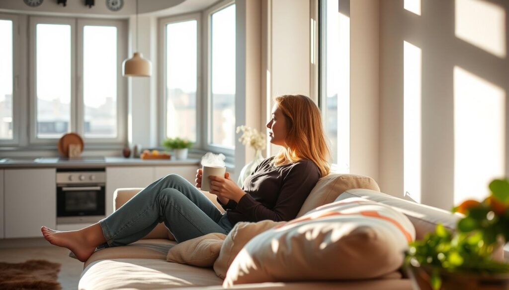 A cozy, sun-drenched apartment in the heart of the city, where Julia Żugaj's everyday life unfolds. Soft, natural light filters through the large windows, casting a warm glow on the minimalist, Scandinavian-inspired decor. In the foreground, Julia relaxes on a plush, oversized sofa, a mug of steaming tea in her hands as she gazes pensively out the window, lost in thought. The middle ground reveals a tidy, open-concept kitchen, where fresh herbs and a bowl of fruit suggest a healthy, mindful lifestyle. In the background, the cityscape beyond the windows provides a subtle, urban backdrop, hinting at the vibrant world Julia navigates when she's not in the spotlight. A cozy, sun-drenched apartment in the heart of the city, where Julia Żugaj's everyday life unfolds. Soft, natural light filters through the large windows, casting a warm glow on the minimalist, Scandinavian-inspired decor. In the foreground, Julia relaxes on a plush, oversized sofa, a mug of steaming tea in her hands as she gazes pensively out the window, lost in thought. The middle ground reveals a tidy, open-concept kitchen, where fresh herbs and a bowl of fruit suggest a healthy, mindful lifestyle. In the background, the cityscape beyond the windows provides a subtle, urban backdrop, hinting at the vibrant world Julia navigates when she's not in the spotlight.