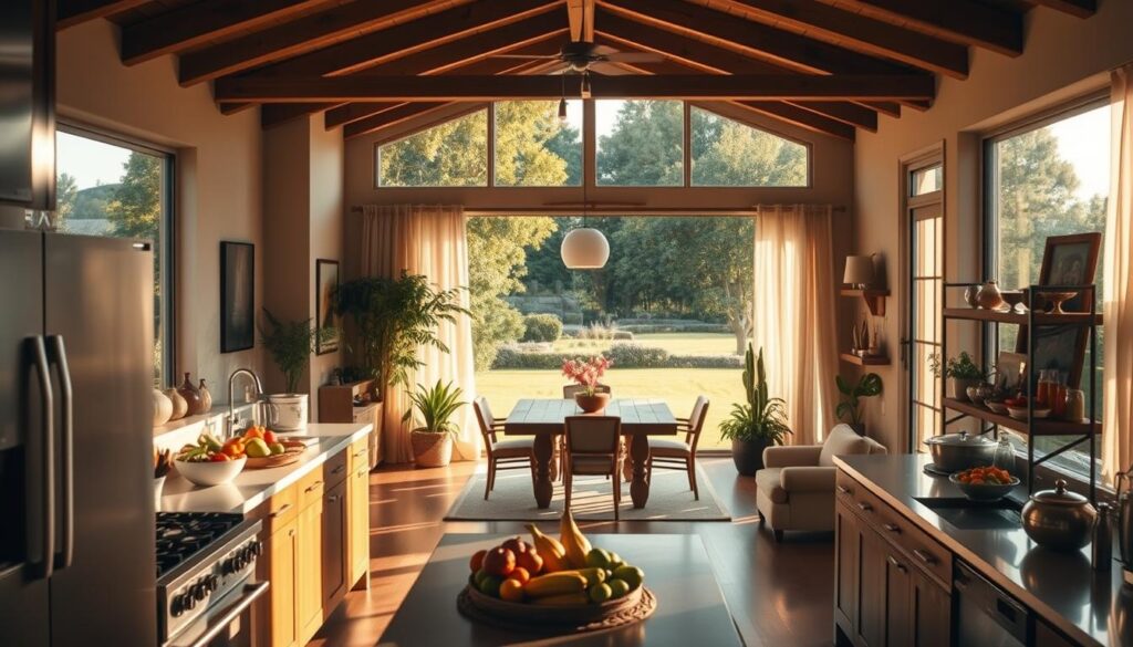 A cozy, sun-drenched interior of Karol Okrasa's residence, showcasing his culinary passion. In the foreground, a well-equipped kitchen with sleek, modern appliances and an abundance of fresh produce on the countertops. In the middle ground, a spacious dining area with a large, wooden table surrounded by comfortable chairs, inviting guests to savor delectable meals. The background features large windows offering panoramic views of a lush, verdant garden, bathed in warm, golden light filtering through sheer curtains. The overall atmosphere exudes a sense of harmony, creativity, and a deep appreciation for the art of cooking and entertaining. A cozy, sun-drenched interior of Karol Okrasa's residence, showcasing his culinary passion. In the foreground, a well-equipped kitchen with sleek, modern appliances and an abundance of fresh produce on the countertops. In the middle ground, a spacious dining area with a large, wooden table surrounded by comfortable chairs, inviting guests to savor delectable meals. The background features large windows offering panoramic views of a lush, verdant garden, bathed in warm, golden light filtering through sheer curtains. The overall atmosphere exudes a sense of harmony, creativity, and a deep appreciation for the art of cooking and entertaining.