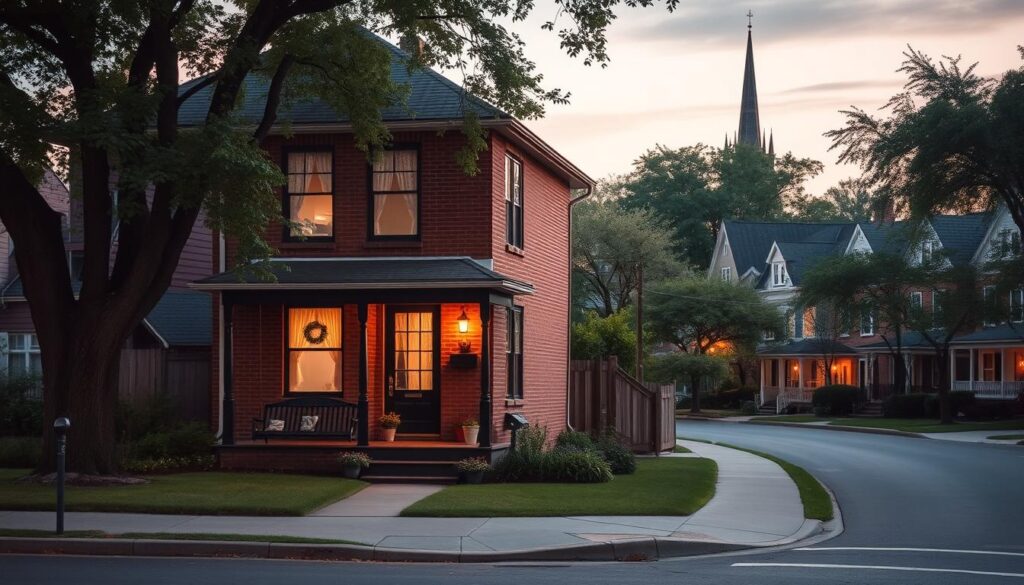 A cozy two-story brick house nestled on a quiet, tree-lined street, with a well-manicured lawn and a charming wrought-iron gate. The front porch is adorned with potted plants, and a comfortable swing invites passersby to stop and take in the peaceful atmosphere. The windows are adorned with lace curtains, casting a warm, inviting glow from within. In the background, a row of quaint townhouses and the silhouette of a nearby church steeple create a picturesque urban landscape, suggesting a vibrant, yet tranquil neighborhood. Soft, warm lighting illuminates the scene, creating a sense of comfort and homeliness.