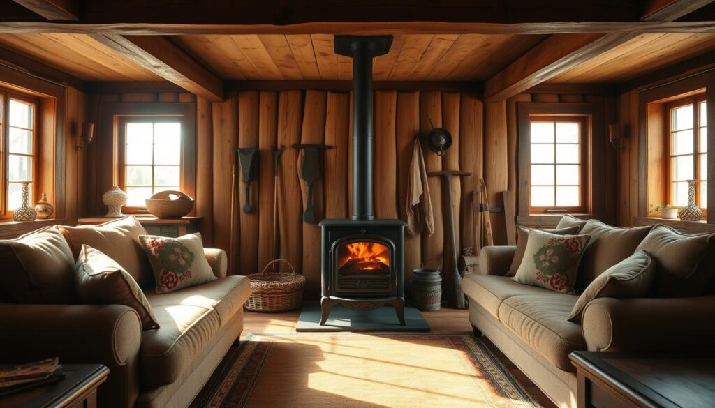 A cozy, well-appointed living room in a traditional Polish farmhouse, with warm, earthy tones and rustic wooden accents. Sunlight streams through large windows, casting a soft glow over a plush sofa adorned with handmade pillows. In the middle ground, an ornate wood-burning stove stands as the centerpiece, its glowing embers casting a gentle ambiance. The background features exposed wooden beams and a collection of antique farm tools, hinting at the rural setting. The overall atmosphere is one of comfort, tradition, and a connection to the land, reflecting the Bardowski family's pastoral lifestyle.