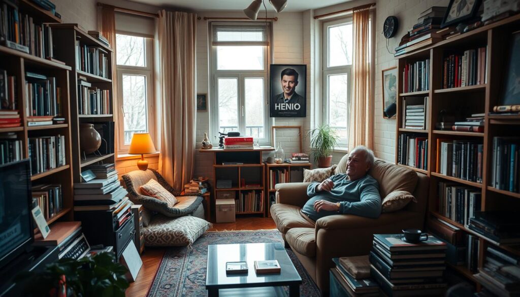 A cozy, well-lit interior of a modest apartment, showcasing the home of Henio, the charismatic host of the popular "Chłopaki do Wzięcia" TV show. The scene captures Henio lounging comfortably in his living room, surrounded by personal touches that reflect his warm and down-to-earth personality. Bookshelves line the walls, filled with a eclectic mix of titles, while a framed poster of his show hangs prominently. Soft, natural lighting streams in through large windows, casting a gentle glow over the space. Henio appears relaxed, perhaps enjoying a cup of coffee or tea, giving the viewer a glimpse into his everyday life and the cozy, inviting atmosphere of his home. A cozy, well-lit interior of a modest apartment, showcasing the home of Henio, the charismatic host of the popular "Chłopaki do Wzięcia" TV show. The scene captures Henio lounging comfortably in his living room, surrounded by personal touches that reflect his warm and down-to-earth personality. Bookshelves line the walls, filled with a eclectic mix of titles, while a framed poster of his show hangs prominently. Soft, natural lighting streams in through large windows, casting a gentle glow over the space. Henio appears relaxed, perhaps enjoying a cup of coffee or tea, giving the viewer a glimpse into his everyday life and the cozy, inviting atmosphere of his home.