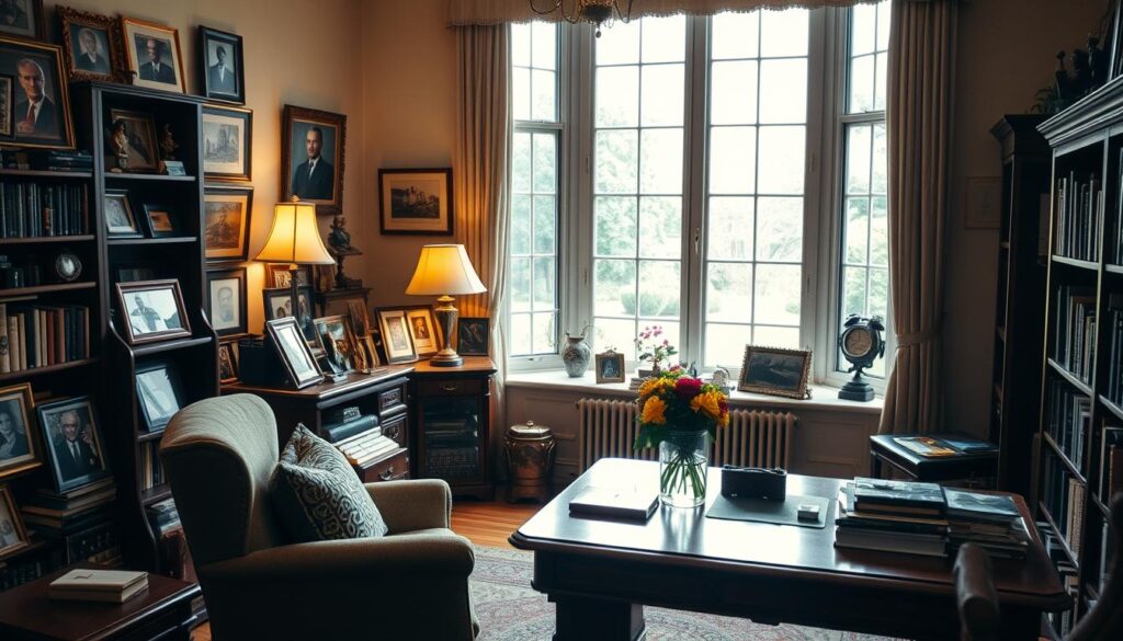 A cozy, well-lit study filled with personal mementos and framed photographs, capturing the essence of Leonard Pietraszak's private life. Soft, warm lighting casts a gentle glow, illuminating a plush armchair and a wooden desk adorned with a vase of fresh flowers. Bookshelves line the walls, hinting at the actor's intellectual pursuits, while a grand window overlooks a tranquil garden, suggesting a serene and introspective sanctuary. The overall atmosphere is one of comfort, refinement, and a lifetime of cherished experiences.