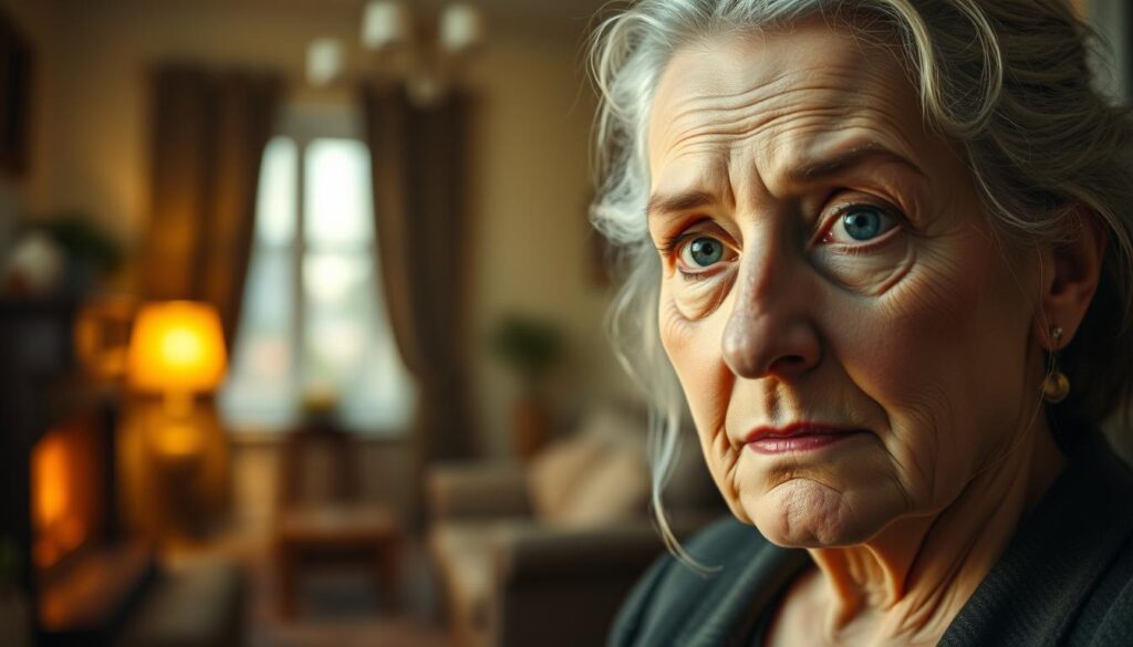 A detailed portrait of Ida Nowakowska, the subject of the "Historia Idy Nowakowskiej" section. In the warm, softly lit foreground, Ida's face is rendered in delicate, lifelike detail, her expression pensive and reflective. The middle ground features a cozy, comforting interior setting, hinting at her private life and upbringing. In the background, subtle, blurred elements suggest the broader context of her biographical story. The overall mood is introspective and evocative, inviting the viewer to learn more about Ida's personal history and experiences.