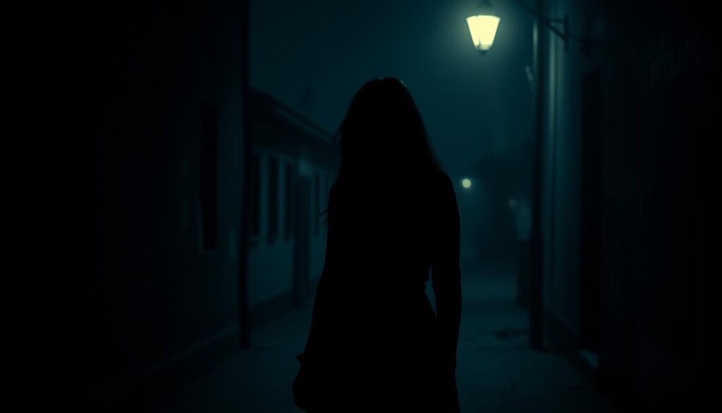 A dimly lit alley at night, the shadows cast by a streetlamp creating an ominous atmosphere. In the foreground, a lone woman's silhouette, her face obscured, stands motionless, evoking a sense of mystery and unease. The background is hazy, with a few indistinct buildings and a sense of emptiness, heightening the isolation and vulnerability of the figure. The image is rendered in a cinematic, film-noir style, with a moody, chiaroscuro lighting that heightens the sense of tension and foreboding. This scene captures the essence of the "Tajemnice zaginięcia Iwony Wieczorek" - a haunting and unsettling representation of the unanswered questions surrounding her disappearance. A dimly lit alley at night, the shadows cast by a streetlamp creating an ominous atmosphere. In the foreground, a lone woman's silhouette, her face obscured, stands motionless, evoking a sense of mystery and unease. The background is hazy, with a few indistinct buildings and a sense of emptiness, heightening the isolation and vulnerability of the figure. The image is rendered in a cinematic, film-noir style, with a moody, chiaroscuro lighting that heightens the sense of tension and foreboding. This scene captures the essence of the "Tajemnice zaginięcia Iwony Wieczorek" - a haunting and unsettling representation of the unanswered questions surrounding her disappearance.