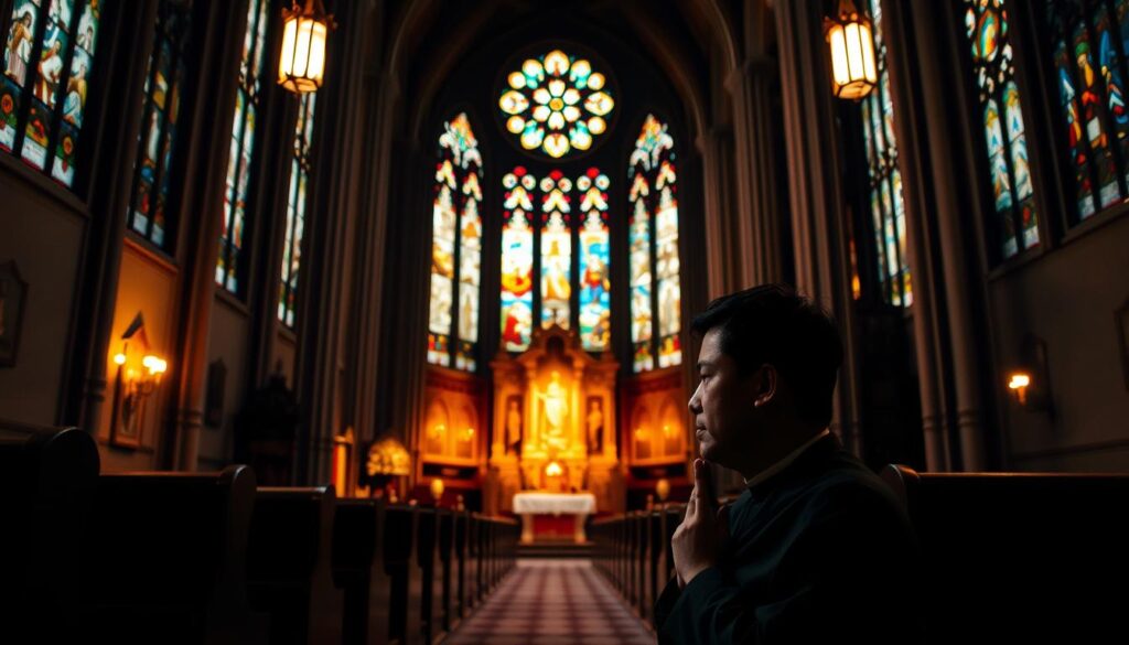 A dimly lit interior of a traditional Catholic church, with intricate stained glass windows casting warm, colored light across the pews. In the foreground, a man in clerical attire kneels in prayer, his face illuminated by the soft glow. The middle ground features wooden benches and ornate religious iconography, while the background showcases the grand, vaulted ceiling and towering columns that support the structure. The atmosphere is one of solemn reverence, with a sense of spiritual connection and devotion to the Church. A dimly lit interior of a traditional Catholic church, with intricate stained glass windows casting warm, colored light across the pews. In the foreground, a man in clerical attire kneels in prayer, his face illuminated by the soft glow. The middle ground features wooden benches and ornate religious iconography, while the background showcases the grand, vaulted ceiling and towering columns that support the structure. The atmosphere is one of solemn reverence, with a sense of spiritual connection and devotion to the Church.