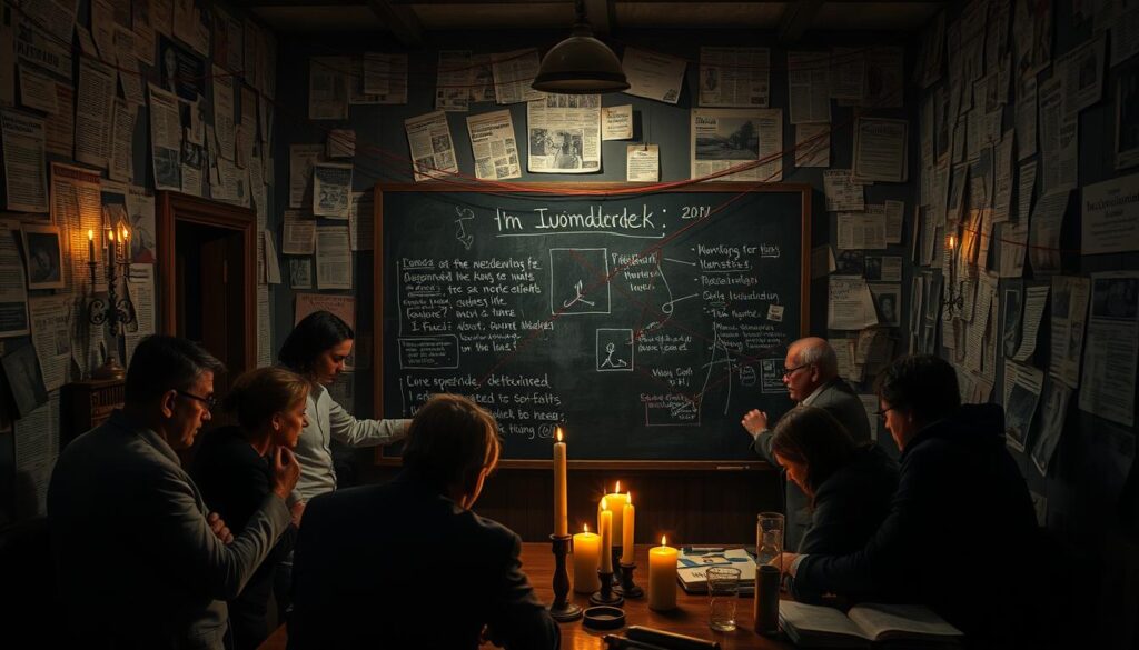 A dimly lit room, the walls adorned with newspaper clippings, red strings connecting various clues. In the center, a large chalkboard covered in scribbled theories and unanswered questions about the mysterious disappearance of Iwona Wieczorek. Detectives, researchers, and family members huddle around, their expressions grim as they pore over the evidence. The air is thick with tension and unresolved mystery. Shadows cast by flickering candles dance across the scene, hinting at the unsettling nature of the case. This image captures the essence of the ongoing investigation and the search for answers about Iwona's fate. A dimly lit room, the walls adorned with newspaper clippings, red strings connecting various clues. In the center, a large chalkboard covered in scribbled theories and unanswered questions about the mysterious disappearance of Iwona Wieczorek. Detectives, researchers, and family members huddle around, their expressions grim as they pore over the evidence. The air is thick with tension and unresolved mystery. Shadows cast by flickering candles dance across the scene, hinting at the unsettling nature of the case. This image captures the essence of the ongoing investigation and the search for answers about Iwona's fate.