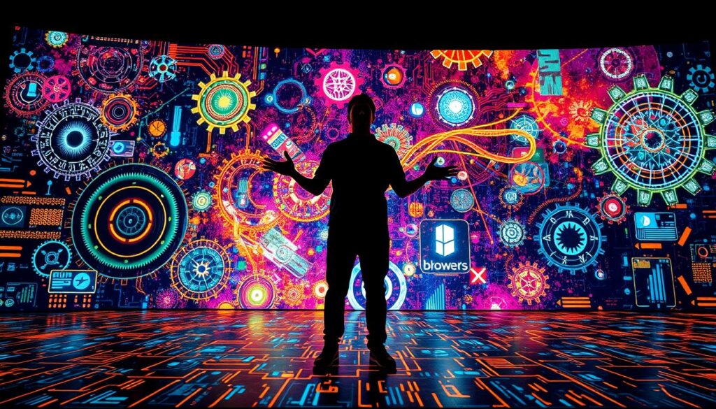 A dynamic evolution of content creation unfolds before the viewer's eyes. In the foreground, a vibrant digital canvas serves as the backdrop, pulsing with colorful energy and technological motifs. Intricate gears, circuitry, and glowing symbols intertwine, symbolizing the ever-changing nature of digital content. In the middle ground, a figure, Rezi, stands tall, their hands gesturing with purpose, guiding the viewer through the transformative journey of their creative process. The lighting is dramatic, casting shadows that accentuate the depth and complexity of the scene. The overall atmosphere conveys a sense of momentum, progress, and the seamless integration of Rezi's unique artistic vision with the evolving digital landscape.