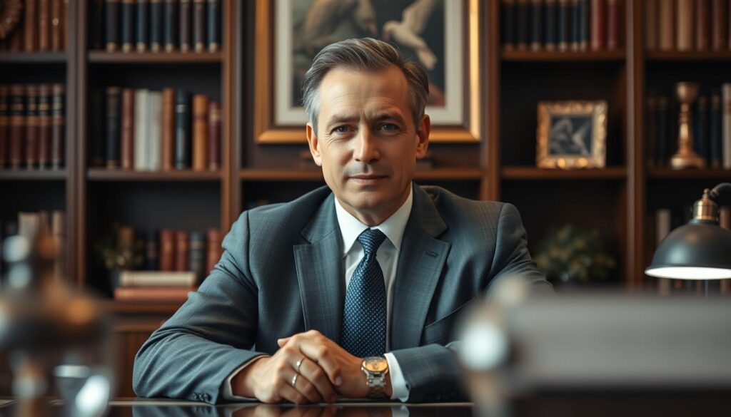 A formal, sophisticated portrait of Piotr Tymochowicz, an accomplished executive and entrepreneur. The scene depicts him seated at his desk, surrounded by bookshelves and tasteful decor, conveying an atmosphere of quiet contemplation and success. Soft, directional lighting illuminates his face, highlighting his confident yet thoughtful expression. The composition is well-balanced, with the subject positioned centrally, framed by the elegant office setting. The overall mood is one of professionalism, intelligence, and quiet determination. The image should not contain any text or overlays, allowing the viewer to focus on the subject and the carefully curated environment.