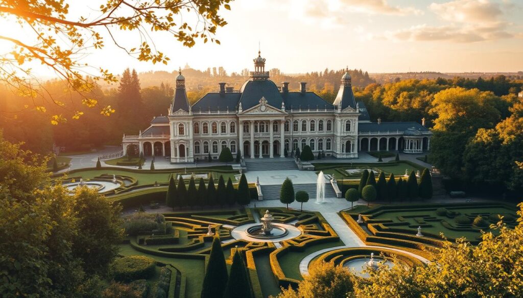 A grand, palatial estate nestled amidst lush, verdant gardens, the private residence of the Russian leader. Elegant neo-baroque architecture, with intricate facades and towering spires, commands attention. Sprawling grounds, dotted with ornamental fountains and manicured hedgerows, exude an air of exclusivity and power. The estate is surrounded by high walls and heavily guarded, shielding its reclusive occupant from the public eye. Warm, golden sunlight filters through the trees, casting a serene, almost dreamlike atmosphere over the scene. A glimpse into the closely guarded world of Russia's most influential figure. A grand, palatial estate nestled amidst lush, verdant gardens, the private residence of the Russian leader. Elegant neo-baroque architecture, with intricate facades and towering spires, commands attention. Sprawling grounds, dotted with ornamental fountains and manicured hedgerows, exude an air of exclusivity and power. The estate is surrounded by high walls and heavily guarded, shielding its reclusive occupant from the public eye. Warm, golden sunlight filters through the trees, casting a serene, almost dreamlike atmosphere over the scene. A glimpse into the closely guarded world of Russia's most influential figure.