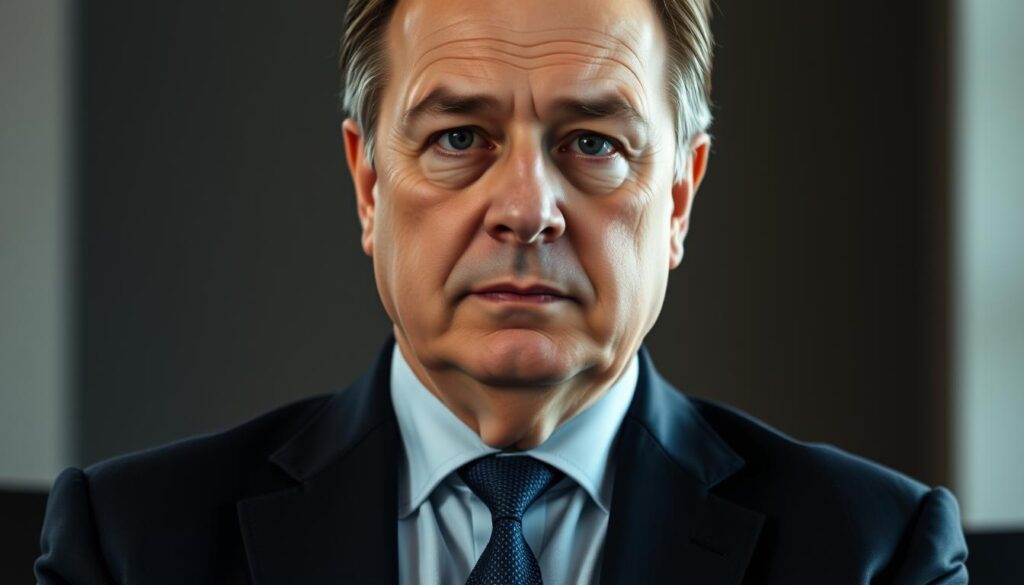 A high-resolution digital portrait of Jan Maria Rokita, a Polish politician, captured in a formal setting. The subject is positioned in the center of the frame, wearing a dark suit and tie, exuding an air of authority and professionalism. The lighting is soft and directional, creating subtle shadows that accentuate the subject's facial features and convey a sense of gravitas. The background is blurred, with muted tones that do not distract from the central figure. The overall composition and mood suggest a long and distinguished political career, reflecting the title "Kariera polityczna Jana Marii Rokity".