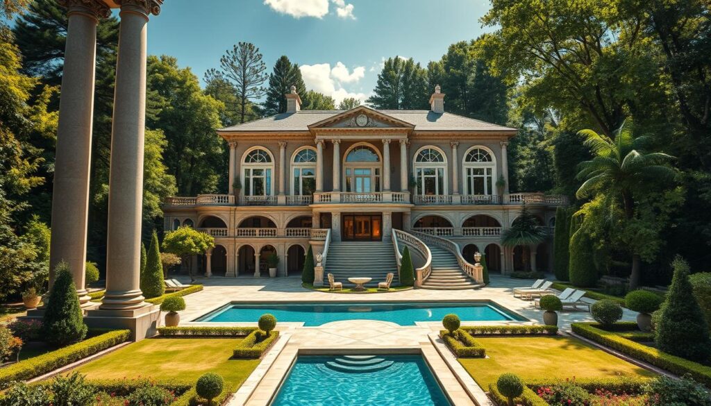 A lavish mansion set against a backdrop of lush greenery, its elegant facade exuding an air of sophisticated opulence. Imposing stone columns flank the grand entrance, leading to a sprawling interior filled with luxurious furnishings and ornate decor. Sunlight streams through towering windows, casting a warm glow on the polished marble floors. A sweeping staircase winds upwards, hinting at the grandeur of the upper levels. Manicured gardens surround the estate, with a shimmering pool and meticulously tended landscaping creating a serene, private oasis. This is the luxurious domain of Dagmara Kaźmierska, a testament to her wealth and refined tastes.