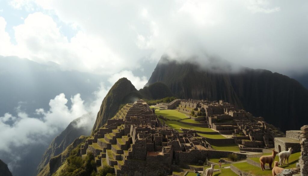 A majestic Inca settlement nestled within the towering Andes mountains, shrouded in a veil of mist. The structures, built from precision-cut stone, rise gracefully against the rugged, snow-capped peaks. Terraced gardens and aqueducts wind through the village, showcasing the Inca's advanced agricultural and engineering prowess. Sunlight filters through the clouds, casting a warm, ethereal glow over the scene. In the distance, glimpses of llamas and Quechua people going about their daily lives, preserving the timeless rhythm of this remarkable Andean civilization. A majestic Inca settlement nestled within the towering Andes mountains, shrouded in a veil of mist. The structures, built from precision-cut stone, rise gracefully against the rugged, snow-capped peaks. Terraced gardens and aqueducts wind through the village, showcasing the Inca's advanced agricultural and engineering prowess. Sunlight filters through the clouds, casting a warm, ethereal glow over the scene. In the distance, glimpses of llamas and Quechua people going about their daily lives, preserving the timeless rhythm of this remarkable Andean civilization.