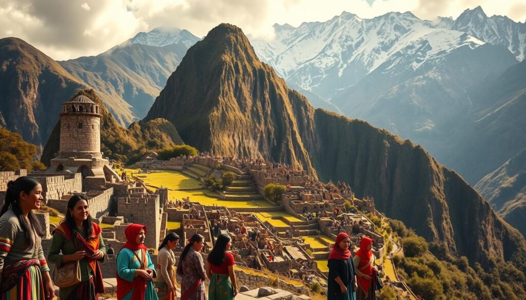 A majestic Incan city nestled amidst the towering Andes mountains, with intricate stone architecture and terraced gardens cascading down the slopes. In the foreground, a group of Incan people in vibrant traditional attire engage in daily activities, their expressions reflecting the rich cultural heritage of this ancient civilization. The middle ground features impressive stone structures, including temples and aqueducts, while the background is dominated by the rugged, snow-capped peaks that provided a dramatic and formidable backdrop to the Incan way of life. The scene is bathed in warm, golden sunlight, creating a sense of timelessness and grandeur that captures the essence of the Incan civilization. A majestic Incan city nestled amidst the towering Andes mountains, with intricate stone architecture and terraced gardens cascading down the slopes. In the foreground, a group of Incan people in vibrant traditional attire engage in daily activities, their expressions reflecting the rich cultural heritage of this ancient civilization. The middle ground features impressive stone structures, including temples and aqueducts, while the background is dominated by the rugged, snow-capped peaks that provided a dramatic and formidable backdrop to the Incan way of life. The scene is bathed in warm, golden sunlight, creating a sense of timelessness and grandeur that captures the essence of the Incan civilization.