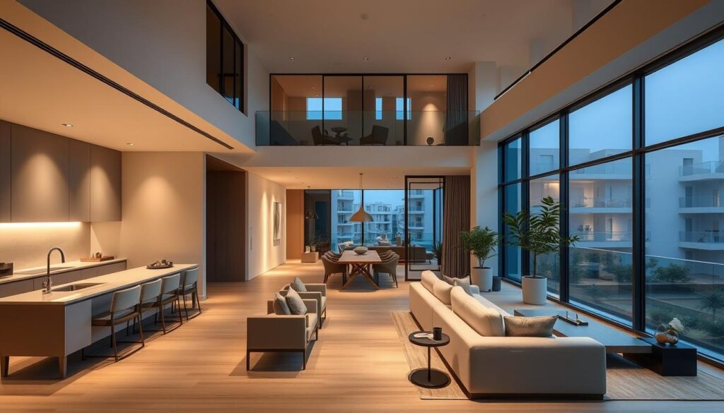 A minimalist, elegantly designed apartment situated in a modern, high-end residential complex. The exterior features clean architectural lines, floor-to-ceiling windows, and a sleek, contemporary facade. The interior showcases a meticulously curated living space with a neutral color palette, natural materials, and a focus on simplicity and functionality. Soft lighting casts a warm, inviting glow, complementing the serene atmosphere. The layout is open and airy, with a seamless flow between the living, dining, and kitchen areas. Carefully selected furniture and decor elements create a sense of understated luxury and refinement, reflecting the owner's impeccable taste.