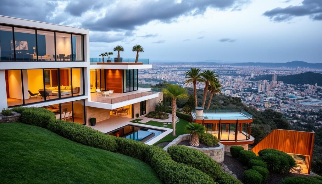 A modern, luxurious villa nestled in the hills, overlooking a sprawling city skyline. The exterior features sleek, contemporary architecture with floor-to-ceiling windows, clean lines, and a minimalist aesthetic. The landscaping is meticulously maintained, with lush greenery, a glistening pool, and a spacious outdoor entertaining area. The interior is elegantly appointed, with high ceilings, rich wood accents, and high-end furnishings that exude an air of sophistication. Soft, warm lighting casts a cozy glow, while large windows flood the spaces with natural light. The overall scene conveys a sense of wealth, exclusivity, and a lavish, unconventional lifestyle.