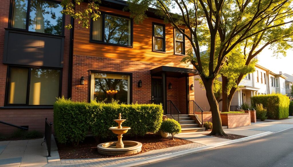 A modern, two-story townhouse with a warm, inviting facade. The exterior is a mixture of brick and wood, with large windows that allow natural light to flood the interior. The front yard is well-manicured, with a neatly trimmed hedge and a small, decorative fountain. A cobblestone path leads up to the front door, which is painted a deep, rich color. The home is situated on a quiet, tree-lined street, with other similar dwellings in the background. The scene is bathed in a soft, golden light, creating a cozy and tranquil atmosphere that reflects the life and legacy of the esteemed actor, Leonard Pietraszak.