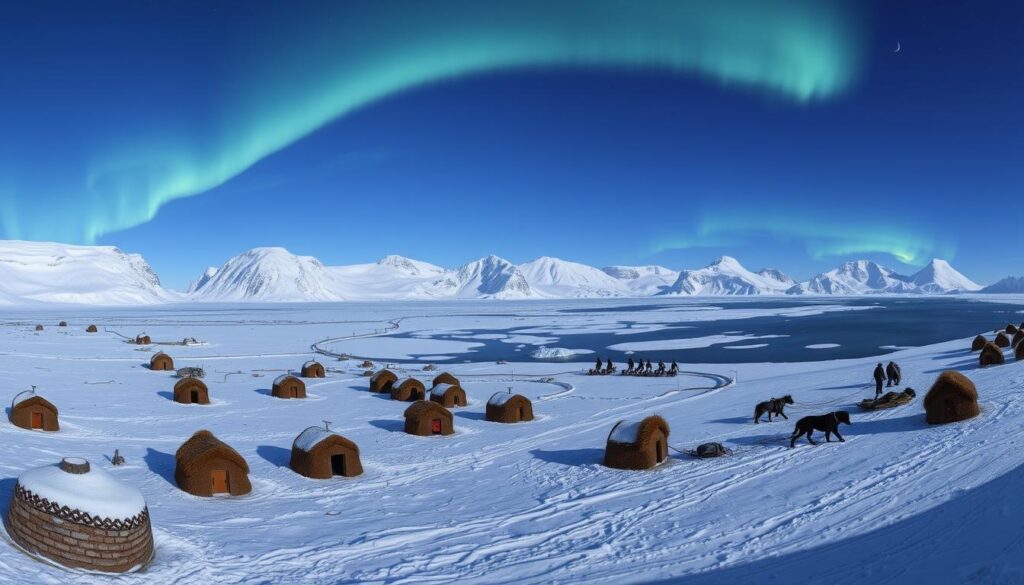 A panoramic scene of an Inuit settlement nestled amidst the rugged, snow-capped peaks of the Arctic landscape. In the foreground, traditional igloos and sod houses dot the icy terrain, their occupants bundled in fur-lined parkas as they go about their daily lives. In the middle ground, a group of Inuit hunters, their dog sleds and harpoons at the ready, traverse the frozen waterways in search of seals and whales. In the distance, the ethereal glow of the northern lights dances across the night sky, casting a mesmerizing glow over the entire scene. The overall mood is one of resilience, adaptability, and a deep connection to the harsh yet breathtaking natural world of the Arctic. A panoramic scene of an Inuit settlement nestled amidst the rugged, snow-capped peaks of the Arctic landscape. In the foreground, traditional igloos and sod houses dot the icy terrain, their occupants bundled in fur-lined parkas as they go about their daily lives. In the middle ground, a group of Inuit hunters, their dog sleds and harpoons at the ready, traverse the frozen waterways in search of seals and whales. In the distance, the ethereal glow of the northern lights dances across the night sky, casting a mesmerizing glow over the entire scene. The overall mood is one of resilience, adaptability, and a deep connection to the harsh yet breathtaking natural world of the Arctic.