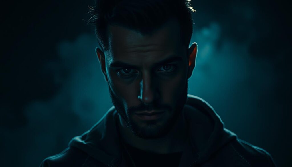 A pensive, brooding portrait of Taco Hemingway, the enigmatic Polish rapper, set against a moody, dimly-lit backdrop. His chiseled features cast in dramatic shadows, a hint of vulnerability in his piercing gaze. The composition evokes a sense of introspection, capturing the essence of the man behind the persona. Textured brushstrokes and a cinematic color palette lend an artistic, almost painterly quality to the image, inviting the viewer to ponder the life and story of this captivating musical figure.