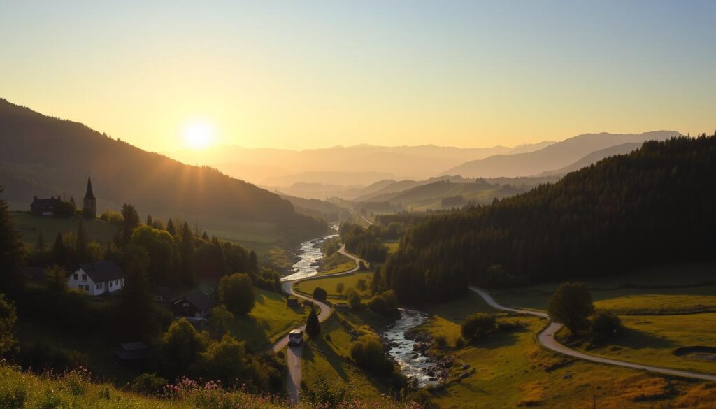 A picturesque rural landscape with rolling hills, lush forests, and winding roads. In the foreground, a quaint village with charming cottages and a church steeple peeking out from the treetops. Midground features a meandering stream or river, its banks dotted with wildflowers. Distant hills and mountains rise in the background, their peaks shrouded in a soft, hazy light. The scene is bathed in the warm glow of a golden hour sunset, casting long shadows and casting a serene, tranquil atmosphere. The overall impression is one of a peaceful, idyllic countryside, reflecting the quiet, secluded life of the famous Polish musician Popek and his immediate surroundings.