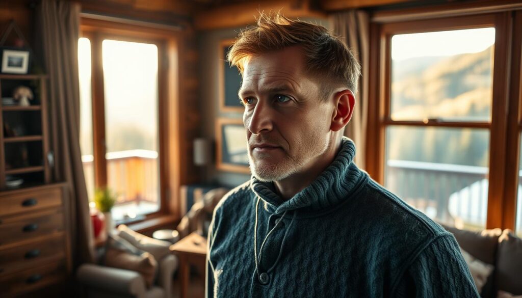A portrait of Piotr Żyła, the renowned Polish ski jumper, in a warm and intimate setting. He stands in the cozy living room of his home in the Beskid Mountains, his expression a thoughtful gaze that reflects his deep connection to the natural surroundings. The room is bathed in soft, golden light filtering through large windows, highlighting the rustic wooden furnishings and personal mementos that adorn the space. In the background, glimpses of the rolling hills and lush forests beyond the home create a serene, picturesque backdrop. The overall atmosphere conveys a sense of Piotr's private life, his passion for the outdoors, and the tranquility he finds in his Beskid retreat.