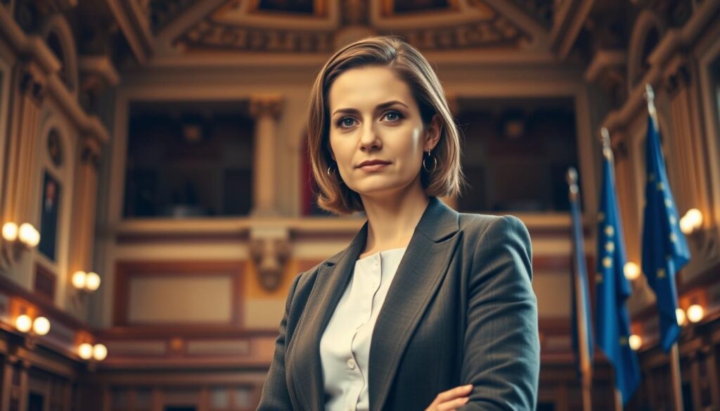 A portrait of Róża Thun in a formal setting, conveying her political activity and influence in Europe. Thun stands in the foreground, her gaze directed forward with a determined expression. She wears a smart blazer and slacks, projecting an air of authority. The background depicts the interior of a European parliament or government building, with ornate architectural details and the flags of the European Union. Warm, directional lighting illuminates Thun's face, creating a sense of gravitas and importance. The composition is balanced, with Thun positioned centrally to emphasize her role as a prominent political figure in the European sphere.