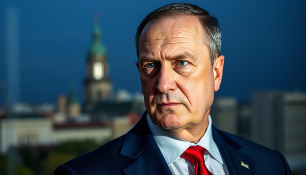 A professional, well-lit close-up portrait of Jacek Jaśkowiak, the mayor of Poznań, Poland, set against a blurred background of the city skyline. Jaśkowiak's face is clear and detailed, capturing his serious yet determined expression. He is dressed in a crisp, navy blue suit and red tie, projecting an air of authority and leadership. The lighting is slightly dramatic, casting subtle shadows that accentuate the mayor's features. The overall mood is one of confidence and gravitas, befitting his position as a prominent public figure. The image conveys a sense of Jaśkowiak's long and distinguished career in public service.