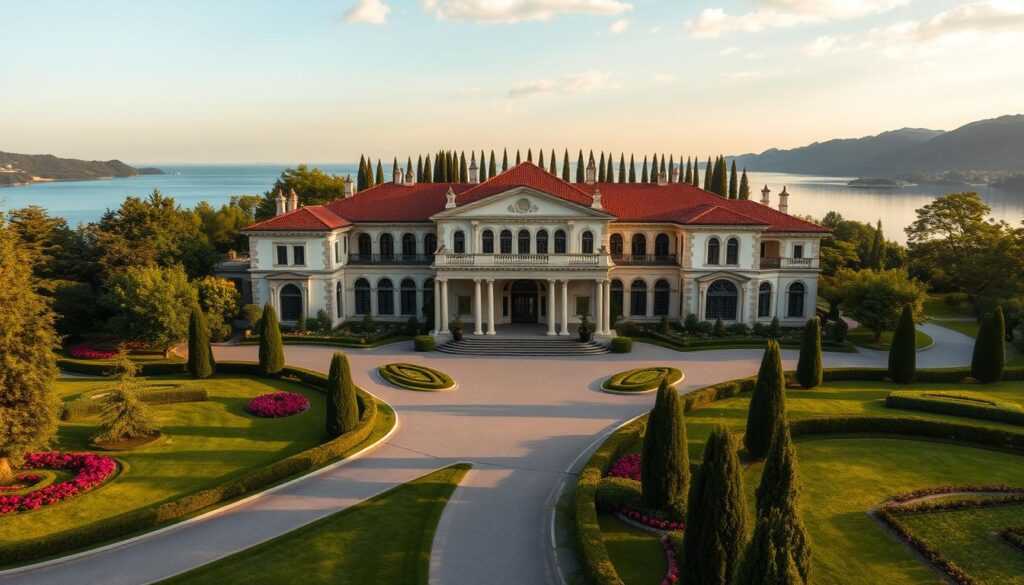 A sprawling, palatial villa nestled amidst lush, manicured gardens on the shores of a serene lake. Elegant neo-baroque architecture with ornate facades, red-tiled roofs, and tall arched windows bathed in warm, golden light. The estate's grand entrance is flanked by towering stone pillars and ornamental wrought-iron gates. Vibrant flowerbeds and carefully pruned hedges line the winding driveway leading up to the villa's main entrance. In the distance, a row of tall, stately cypress trees sway gently in the breeze, reflected in the still waters of the lake. An air of refined opulence and tranquility pervades the scene, evoking the elegance and grandeur of Róża Thun's place of residence.