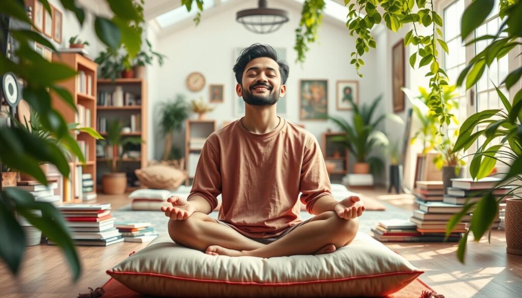 A vibrant, colorful scene depicting the daily routines and teachings of the renowned influencer Smileslow. In the foreground, Smileslow sits cross-legged on a plush cushion, eyes closed in peaceful meditation, surrounded by an array of inspiring books and mementos. The middle ground showcases a bright, airy studio space filled with natural light, where Smileslow's audience gathers to learn about mindfulness and positive living. In the background, lush, verdant foliage frames the scene, conveying a serene, natural atmosphere. The lighting is soft and diffused, creating a warm, inviting ambiance. The overall composition emphasizes the tranquility, wisdom, and authenticity that Smileslow embodies, inspiring viewers to embrace a more mindful and fulfilling lifestyle. A vibrant, colorful scene depicting the daily routines and teachings of the renowned influencer Smileslow. In the foreground, Smileslow sits cross-legged on a plush cushion, eyes closed in peaceful meditation, surrounded by an array of inspiring books and mementos. The middle ground showcases a bright, airy studio space filled with natural light, where Smileslow's audience gathers to learn about mindfulness and positive living. In the background, lush, verdant foliage frames the scene, conveying a serene, natural atmosphere. The lighting is soft and diffused, creating a warm, inviting ambiance. The overall composition emphasizes the tranquility, wisdom, and authenticity that Smileslow embodies, inspiring viewers to embrace a more mindful and fulfilling lifestyle.