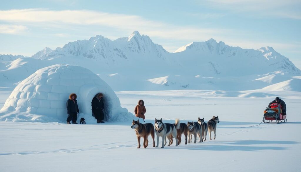 A vibrant scene of Inuit life in the Arctic tundra. In the foreground, a group of Inuit people gather around a traditional igloo, their fur-lined parkas and mittens keeping them warm against the crisp, snow-covered landscape. In the middle ground, a sled pulled by a team of hardy sled dogs transports supplies across the frozen expanse. In the background, towering snow-capped mountains rise up, their jagged peaks cutting against a clear, azure sky. Soft, diffused lighting illuminates the scene, casting a serene, otherworldly glow over the entire composition. The overall mood is one of resilience, community, and adaptation to the harsh, but beautiful, Arctic environment. A vibrant scene of Inuit life in the Arctic tundra. In the foreground, a group of Inuit people gather around a traditional igloo, their fur-lined parkas and mittens keeping them warm against the crisp, snow-covered landscape. In the middle ground, a sled pulled by a team of hardy sled dogs transports supplies across the frozen expanse. In the background, towering snow-capped mountains rise up, their jagged peaks cutting against a clear, azure sky. Soft, diffused lighting illuminates the scene, casting a serene, otherworldly glow over the entire composition. The overall mood is one of resilience, community, and adaptation to the harsh, but beautiful, Arctic environment.