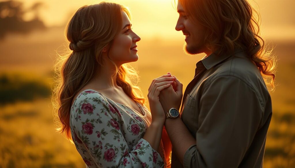 A warm and intimate scene of Klaudia and Valentyn's relationship, captured in a medium close-up shot. Klaudia, dressed in a floral sundress, stands close to Valentyn, their hands intertwined as they gaze into each other's eyes, conveying a sense of deep connection and affection. The lighting is soft and golden, creating a romantic atmosphere, with a slightly blurred background hinting at a pastoral, countryside setting. The composition is balanced, with the couple positioned slightly off-center, allowing the viewer to focus on their emotional bond. The overall mood is one of tenderness, intimacy, and the tranquility of a budding rural romance.