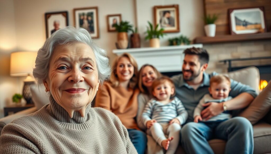 A warm and welcoming family gathering in a cozy, well-lit living room. In the foreground, an elderly woman with kind eyes and a warm smile, surrounded by her loving family - a middle-aged woman, a young man, and a toddler. They are seated together on a plush sofa, engaged in a lively conversation, their faces radiating happiness and contentment. The background features tasteful decor, including framed family photos, potted plants, and a softly glowing fireplace, creating a sense of comfort and intimacy. The lighting is soft and flattering, highlighting the family's connection and the cherished moments they share.