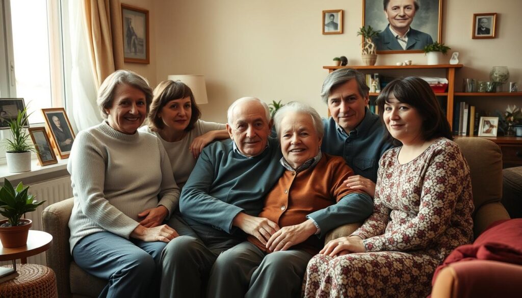 A warm, intimate family portrait of Lech Wałęsa and his loved ones, captured in a cozy living room setting. The former Polish president, now in his later years, sits comfortably in an armchair, surrounded by his wife Danuta and their children and grandchildren. Soft, natural lighting filters through the windows, casting a gentle glow on the scene. The family members interact with a sense of closeness and affection, their expressions radiating a quiet contentment. In the background, subtle details like family photos, potted plants, and personal mementos create a lived-in, homely atmosphere, reflecting the private, everyday lives of the Wałęsa household.