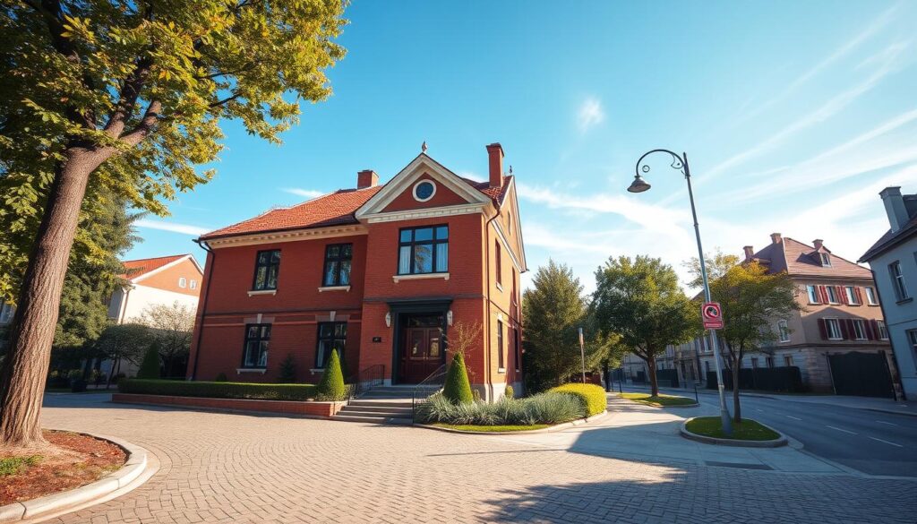 A well-lit, detailed exterior view of the residence of Lech Wałęsa, the former President of Poland, situated on a quiet, tree-lined street in the city of Gdańsk. The two-story, red-brick building with a distinct architectural style features a gabled roof, ornate windows, and a neatly manicured front garden. In the foreground, a cobblestone driveway leads to the main entrance, with a polished wooden door and a brass knocker. The middle ground showcases the surrounding neighborhood, with other historic buildings and well-maintained sidewalks. The background depicts a clear, blue sky with a few wispy clouds, creating a sense of tranquility and serenity around the former president's home.
