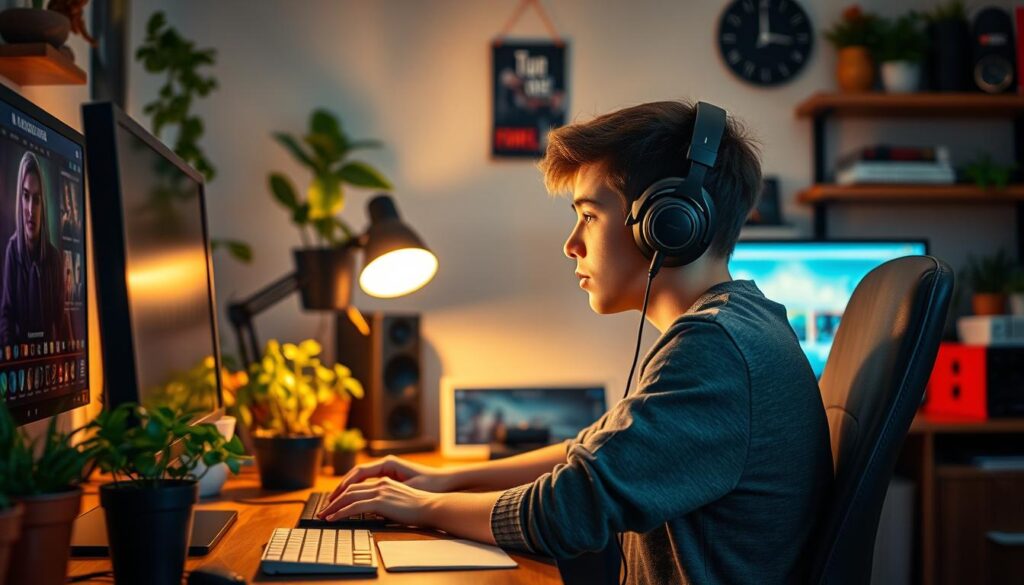 A young content creator sits at their desk, a gaming headset on their head, intently focused on the computer screen. The room is well-lit, with a warm, cozy atmosphere created by soft, directional lighting from a desk lamp. Subtle details like a growth of houseplants and various gaming memorabilia convey a sense of the creator's personality and passions. The image evokes the early stages of a blossoming YouTube career, capturing the determination and dedication required to build an audience from the ground up.