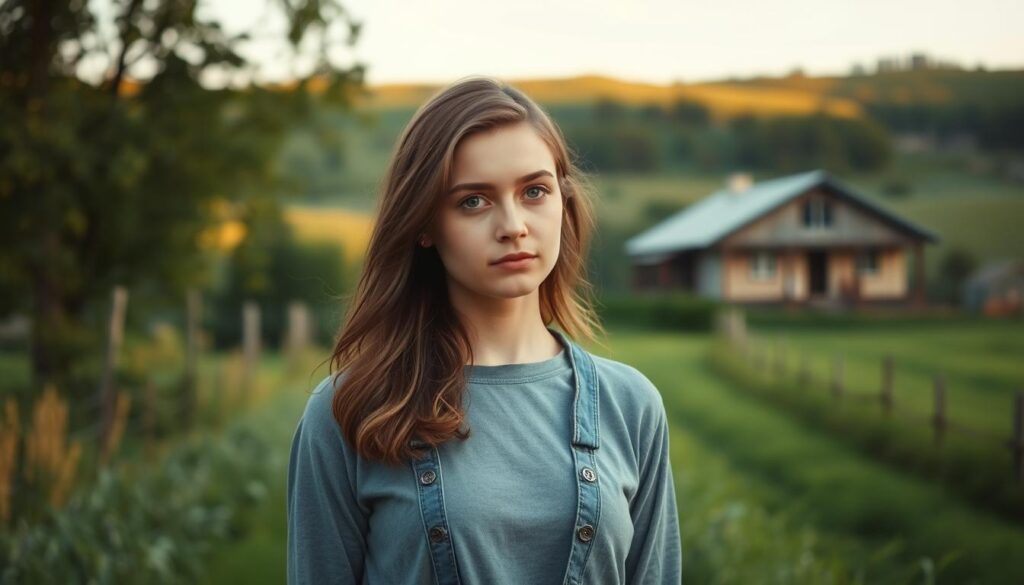 A young woman, Klaudia, stands in the middle of a serene pastoral scene, her expression thoughtful and introspective. The soft, warm lighting illuminates the lush greenery surrounding her, creating a sense of tranquility. In the background, a modest farmhouse and rolling hills can be seen, hinting at the rural setting that has become a central part of her life since appearing on the television show "Rolnik Szuka Żony." The overall atmosphere conveys the influence the program has had on Klaudia's private life, as she navigates the balance between her public persona and the newfound peace found in her countryside abode.
