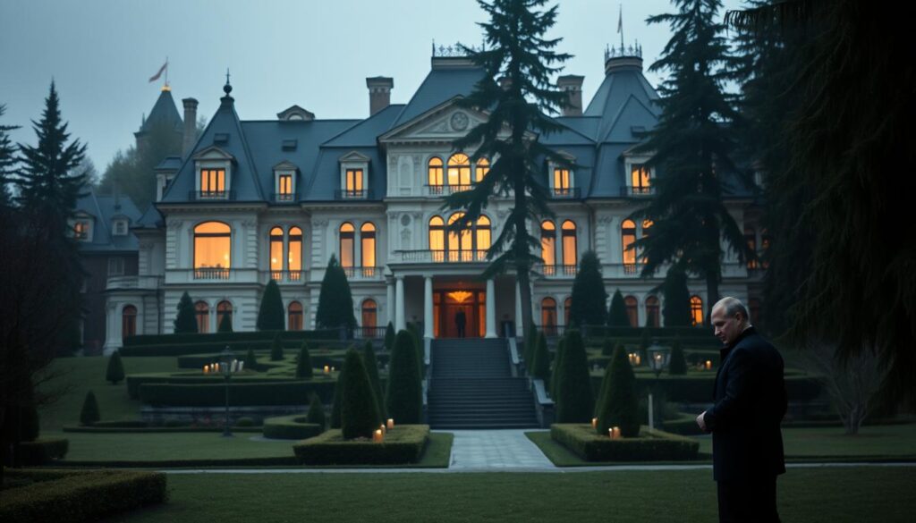 An elegant manor nestled in a serene, forested landscape, the private residence of Russian President Vladimir Putin. The grand, neo-baroque façade exudes an aura of power and seclusion, its ornate windows casting a warm glow across manicured gardens. In the foreground, a lone figure, Putin himself, stands contemplative, his gaze cast downward as he navigates the intricacies of his secluded world. Soft, diffused lighting illuminates the scene, conveying a sense of mystery and introspection. The overall atmosphere evokes a delicate balance between the public persona and the private life of one of the world's most influential leaders. An elegant manor nestled in a serene, forested landscape, the private residence of Russian President Vladimir Putin. The grand, neo-baroque façade exudes an aura of power and seclusion, its ornate windows casting a warm glow across manicured gardens. In the foreground, a lone figure, Putin himself, stands contemplative, his gaze cast downward as he navigates the intricacies of his secluded world. Soft, diffused lighting illuminates the scene, conveying a sense of mystery and introspection. The overall atmosphere evokes a delicate balance between the public persona and the private life of one of the world's most influential leaders.